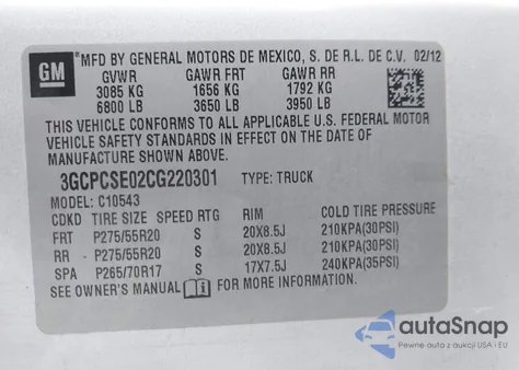 2012 Chevrolet Silverado 1500 Lt z USA, uszkodzony, nr VIN 3GCPCSE02CG220301